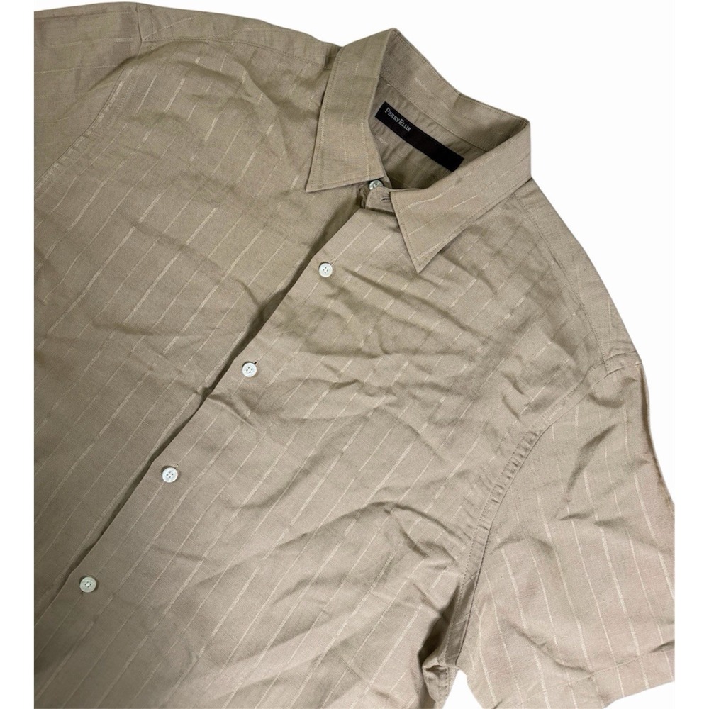 Perry Ellis Linen Blend Shirt Mens L Tan Striped Short Sleeve Button Up